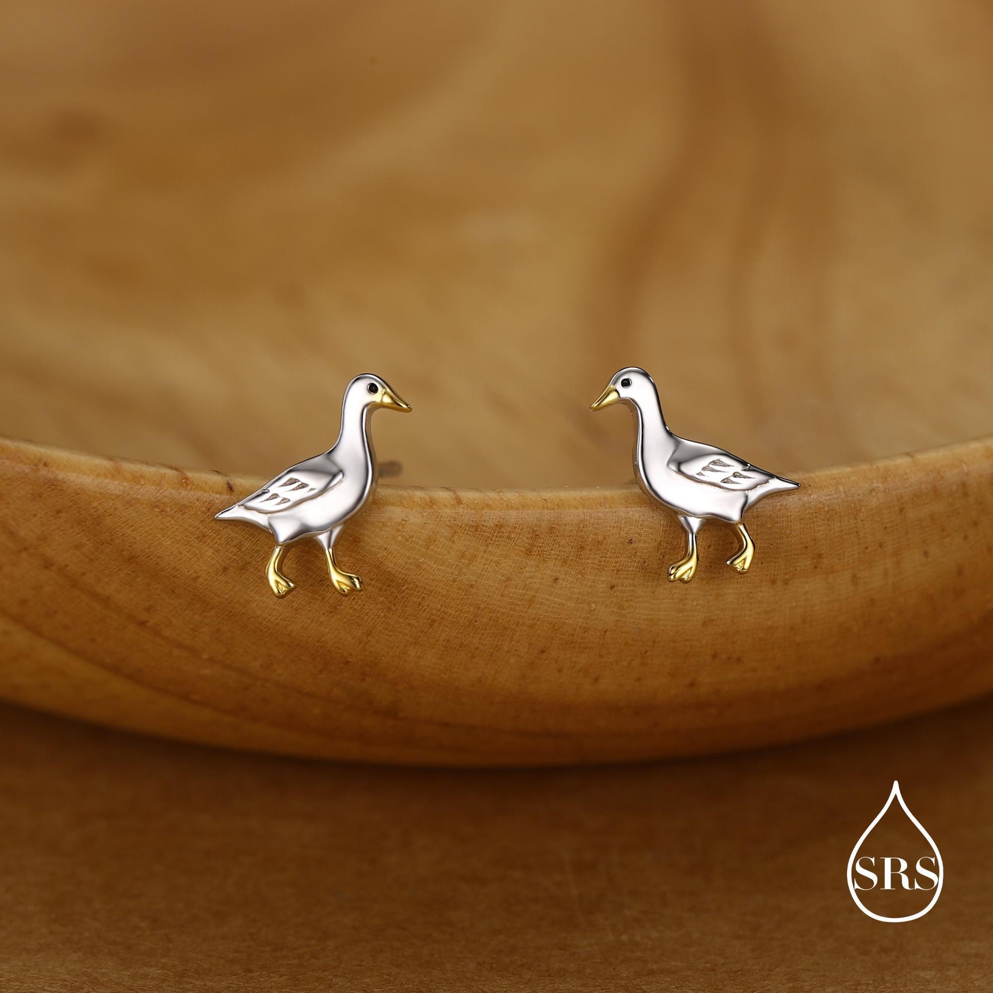 Sterling Silver Goose Stud Earrings with Gold Details, Bird Earrings