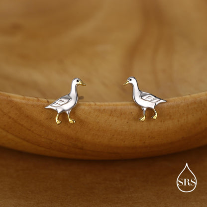 Sterling Silver Goose Stud Earrings with Gold Details, Bird Earrings