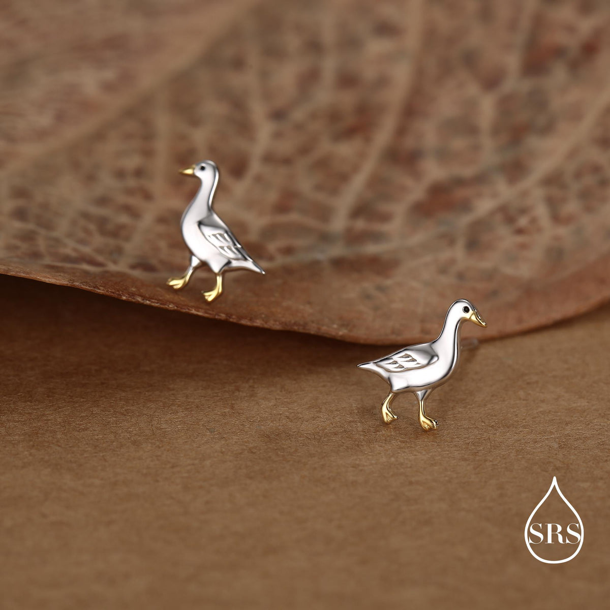 Sterling Silver Goose Stud Earrings with Gold Details, Bird Earrings
