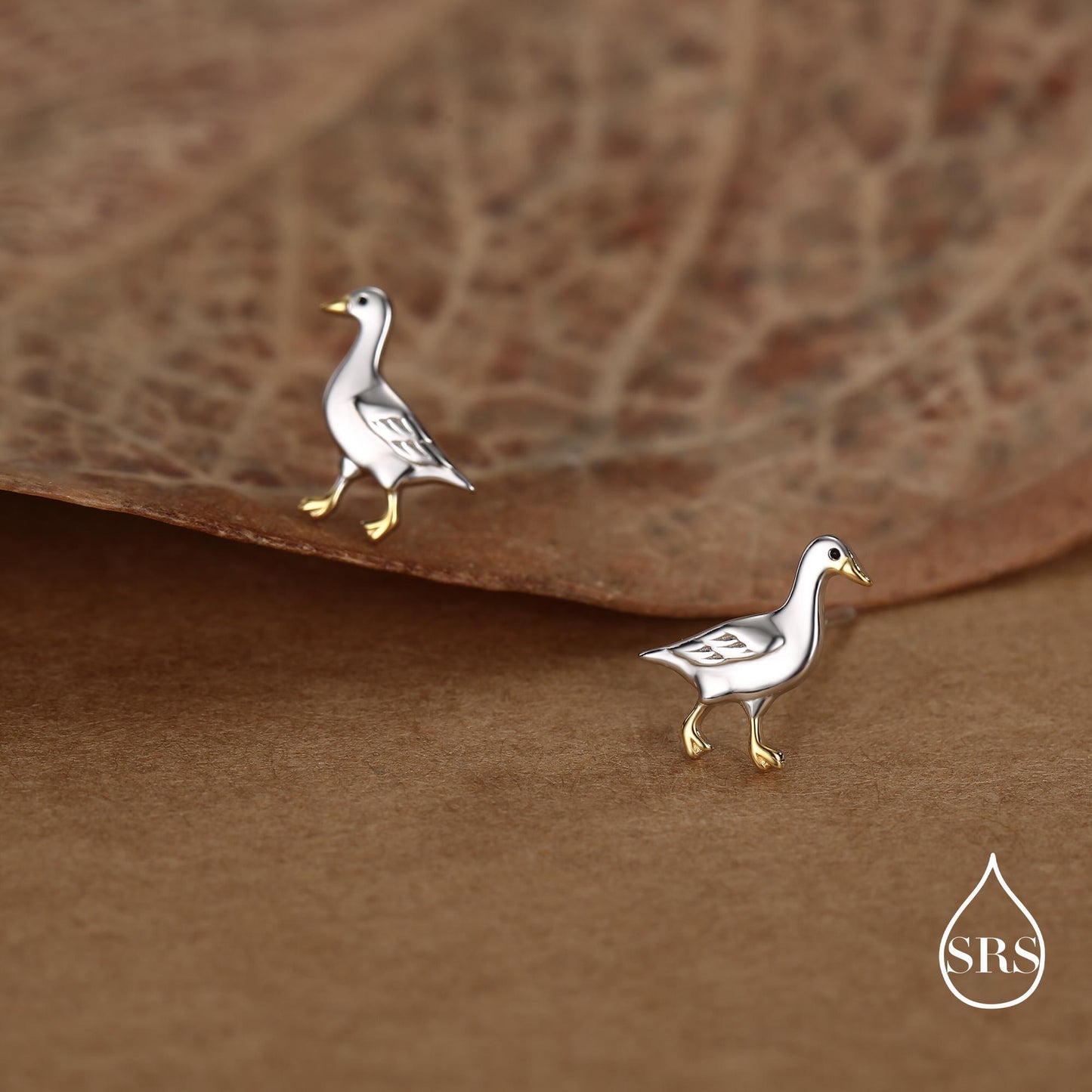 Sterling Silver Goose Stud Earrings with Gold Details