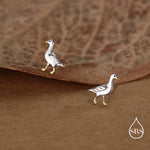 Sterling Silver Goose Stud Earrings with Gold Details, Bird Earrings