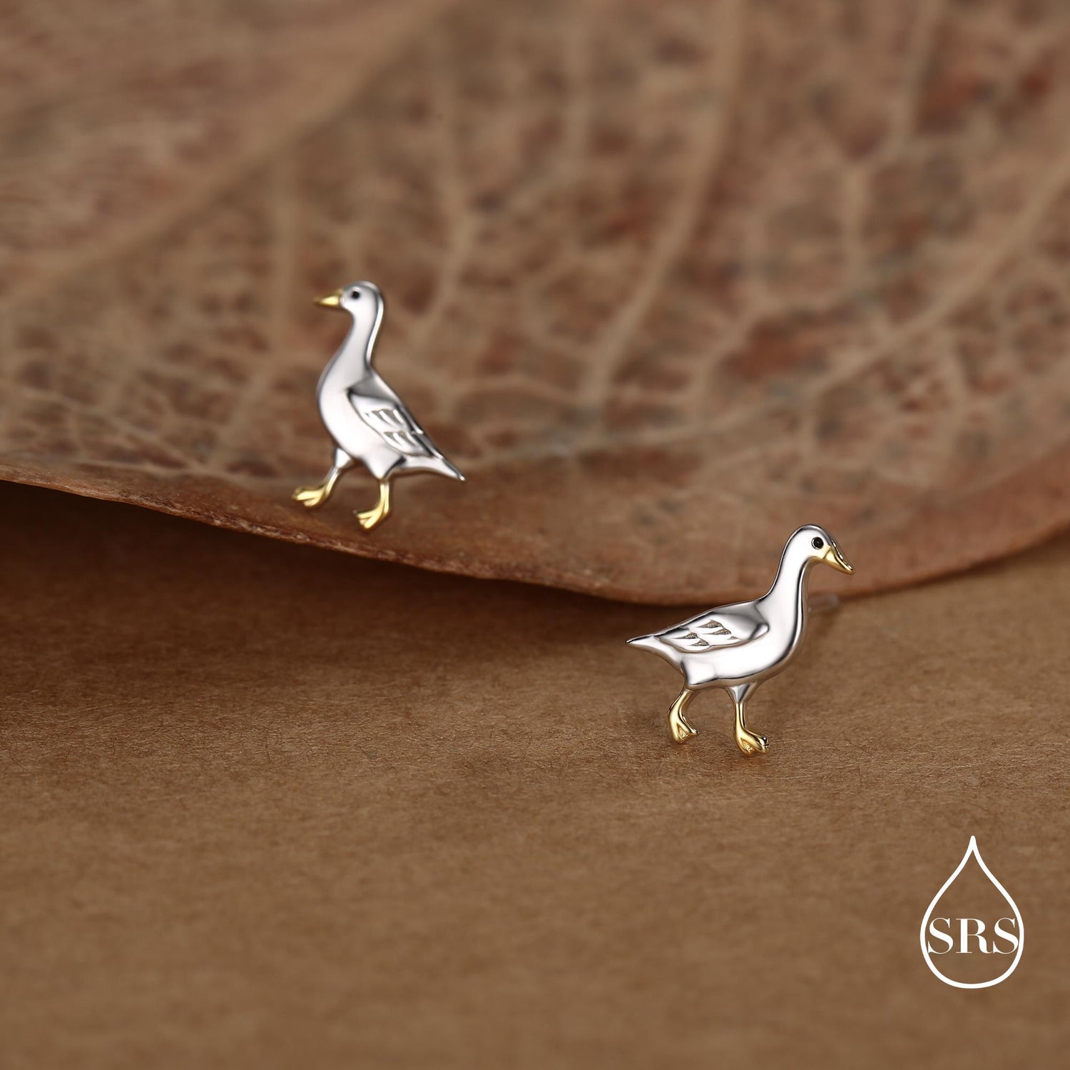 Sterling Silver Goose Stud Earrings with Gold Details, Bird Earrings