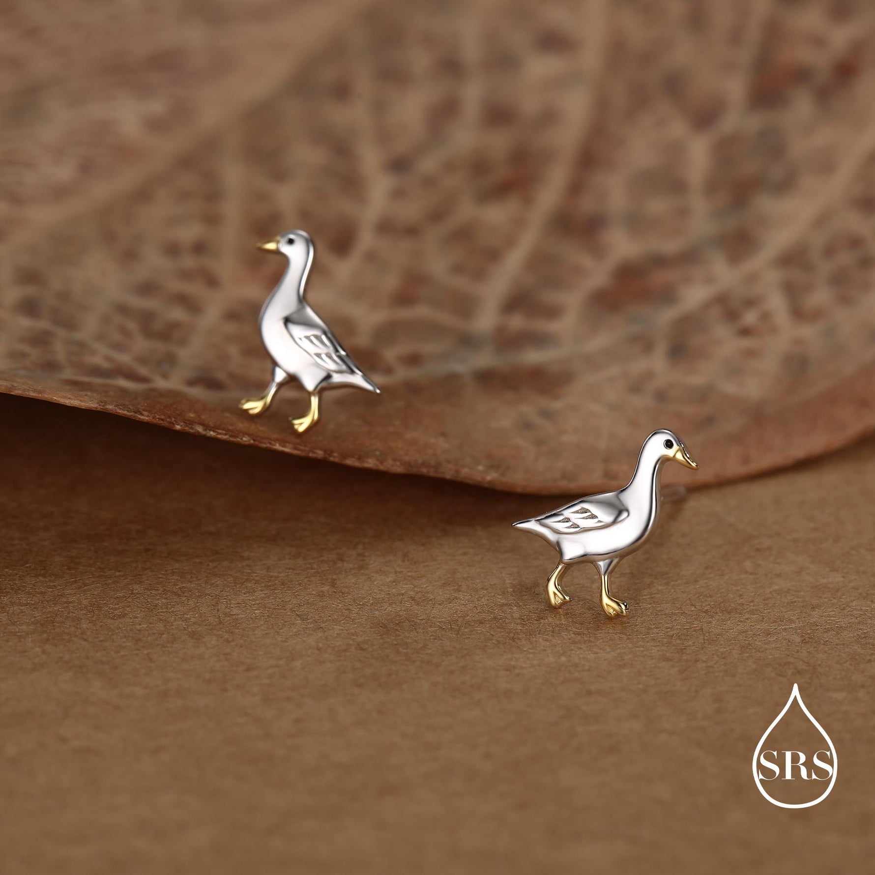 Sterling Silver Goose Stud Earrings with Gold Details, Bird Earrings