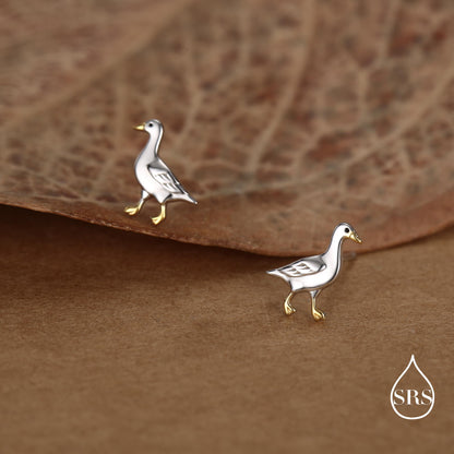 Sterling Silver Goose Stud Earrings with Gold Details