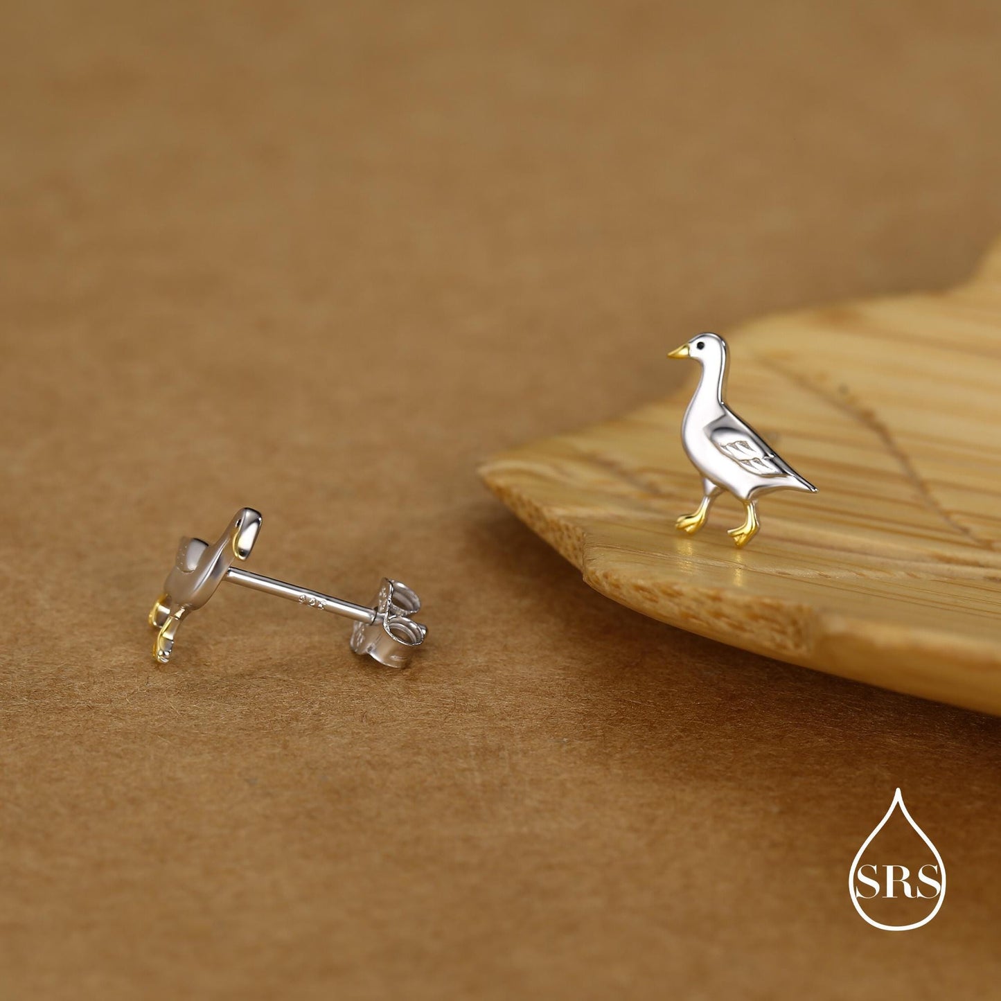 Sterling Silver Goose Stud Earrings with Gold Details, Bird Earrings