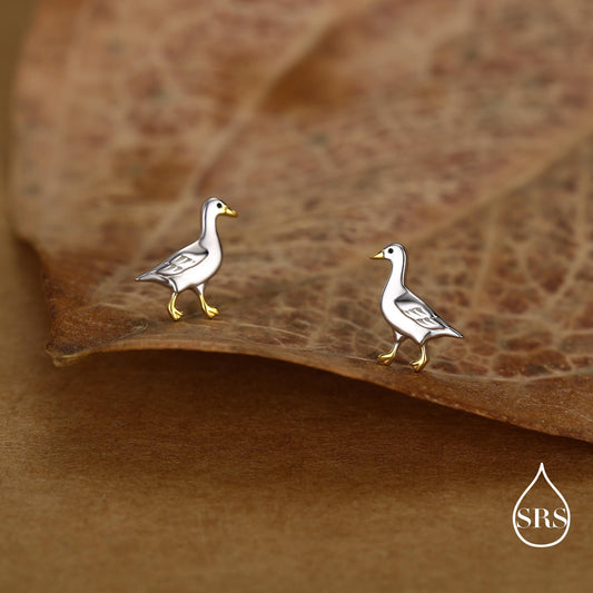 Sterling Silver Goose Stud Earrings with Gold Details