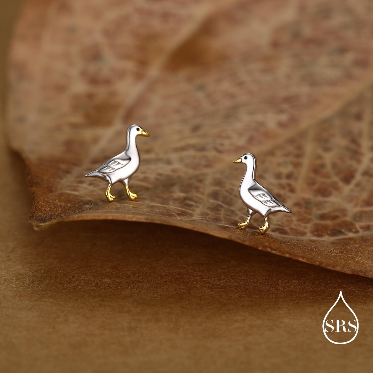 Sterling Silver Goose Stud Earrings with Gold Details, Bird Earrings