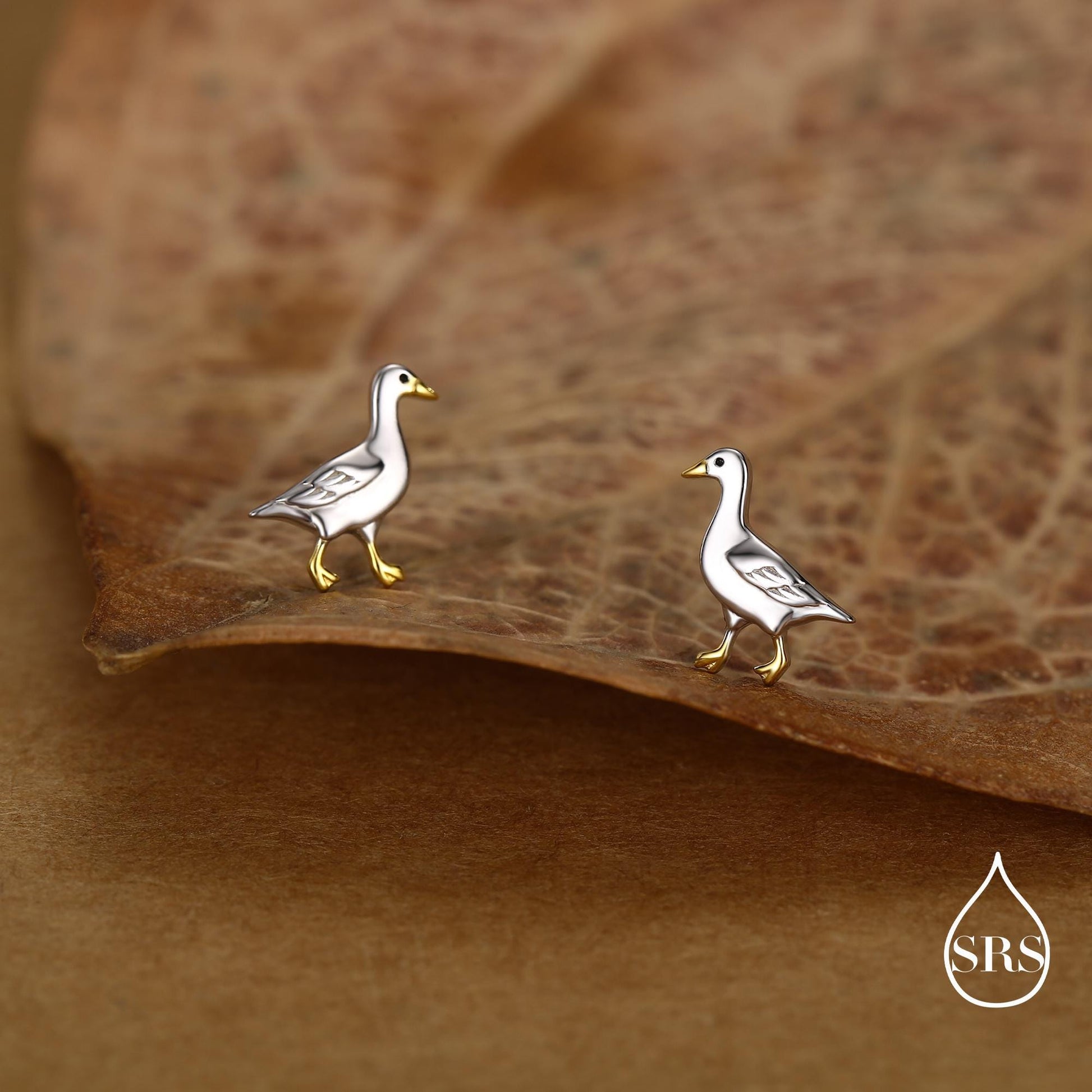 Sterling Silver Goose Stud Earrings with Gold Details, Bird Earrings