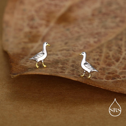 Sterling Silver Goose Stud Earrings with Gold Details, Bird Earrings