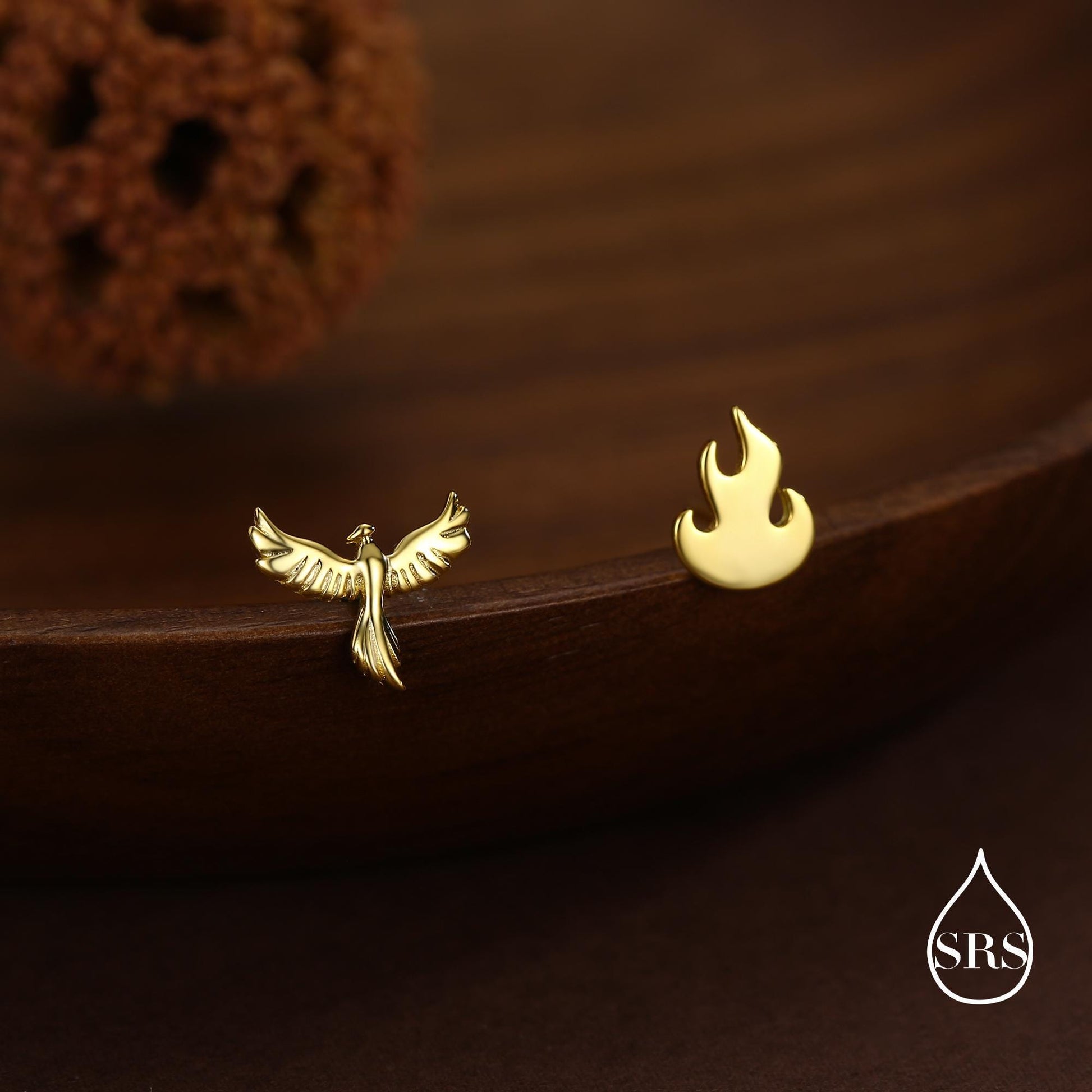 Mismatched Sterling Silver Phoenix and Fire Stud Earrings, Asymmetric Fire and Phoenix Bird Earrings, Cute Fun Quirky,