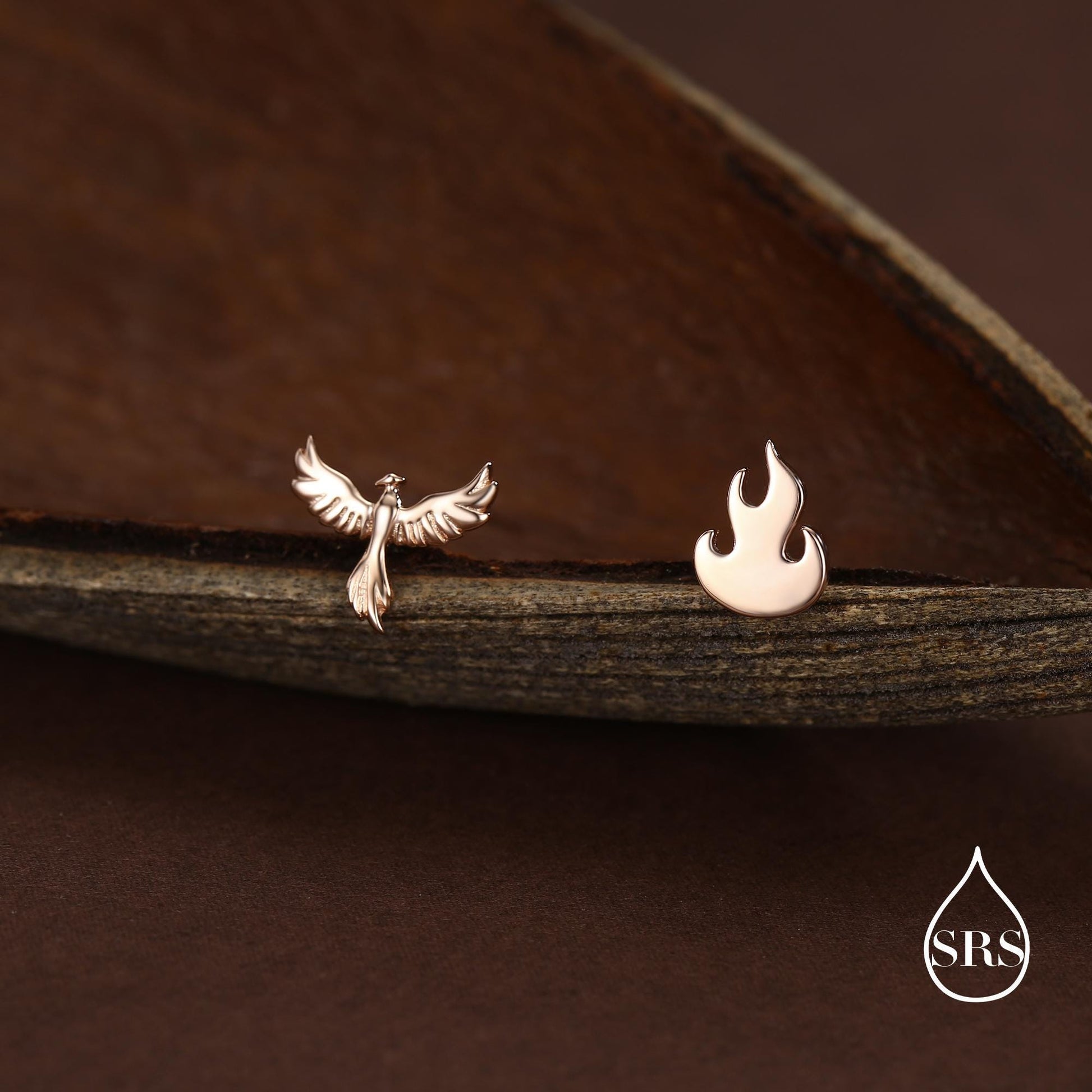 Mismatched Sterling Silver Phoenix and Fire Stud Earrings, Asymmetric Fire and Phoenix Bird Earrings, Cute Fun Quirky,