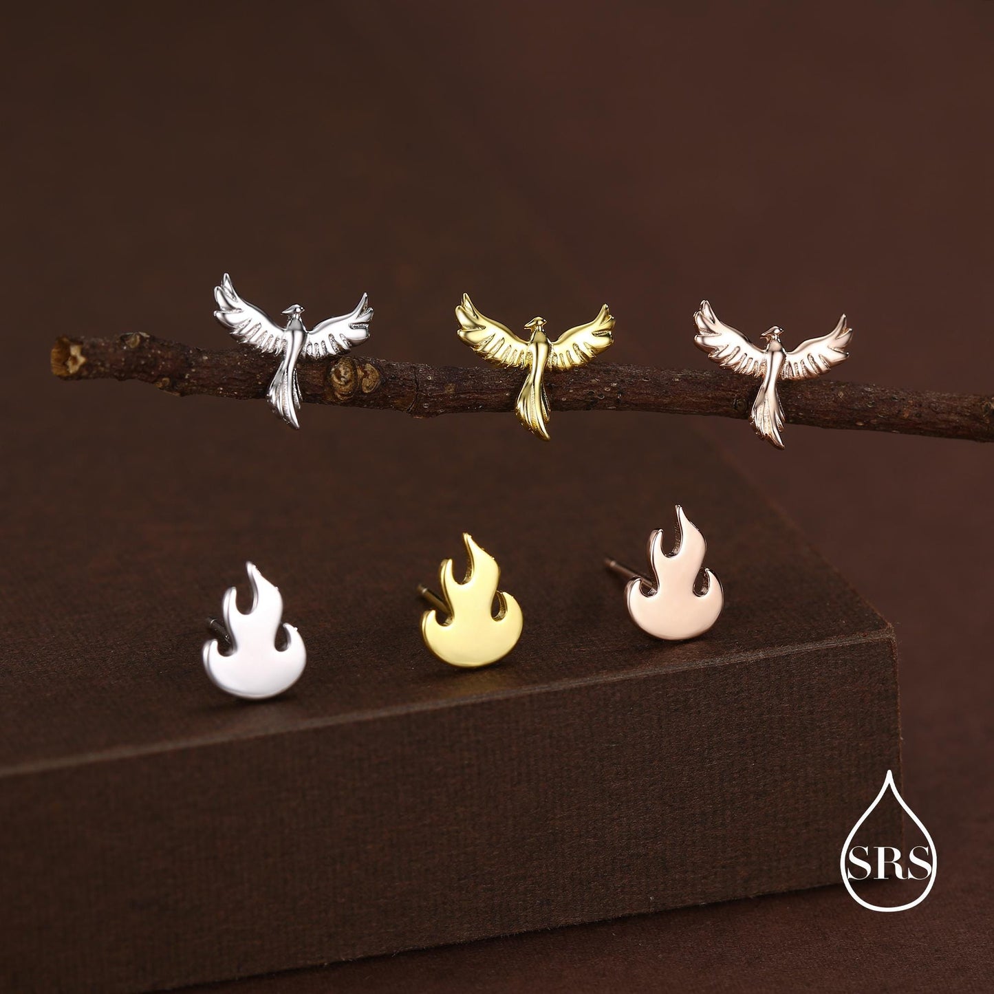 Mismatched Sterling Silver Phoenix and Fire Stud Earrings, Asymmetric Fire and Phoenix Bird Earrings, Cute Fun Quirky,