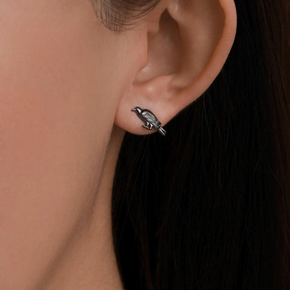 Crow Stud Earrings in Sterling Silver with Black Rhodium Coating, Bird Earrings