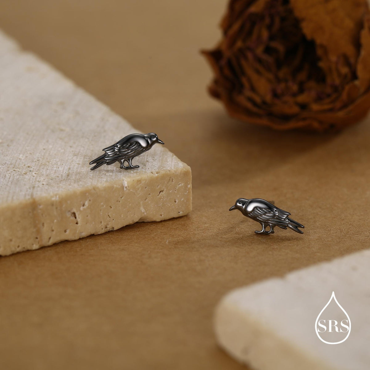 Crow Stud Earrings in Sterling Silver with Black Rhodium Coating, Bird Earrings