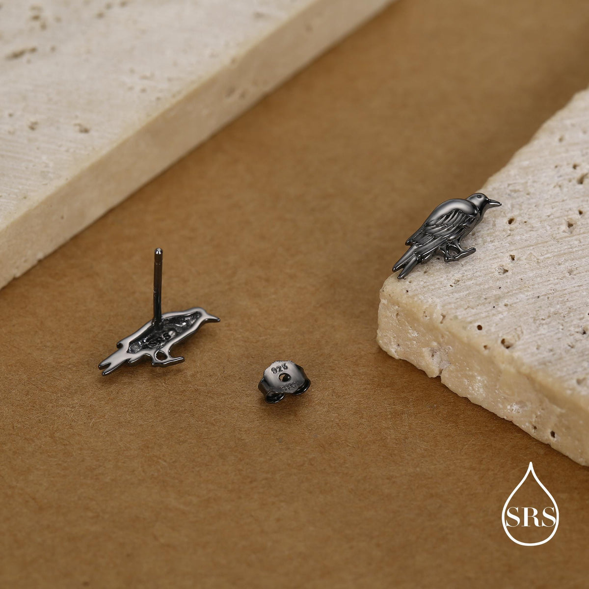 Crow Stud Earrings in Sterling Silver with Black Rhodium Coating, Bird Earrings