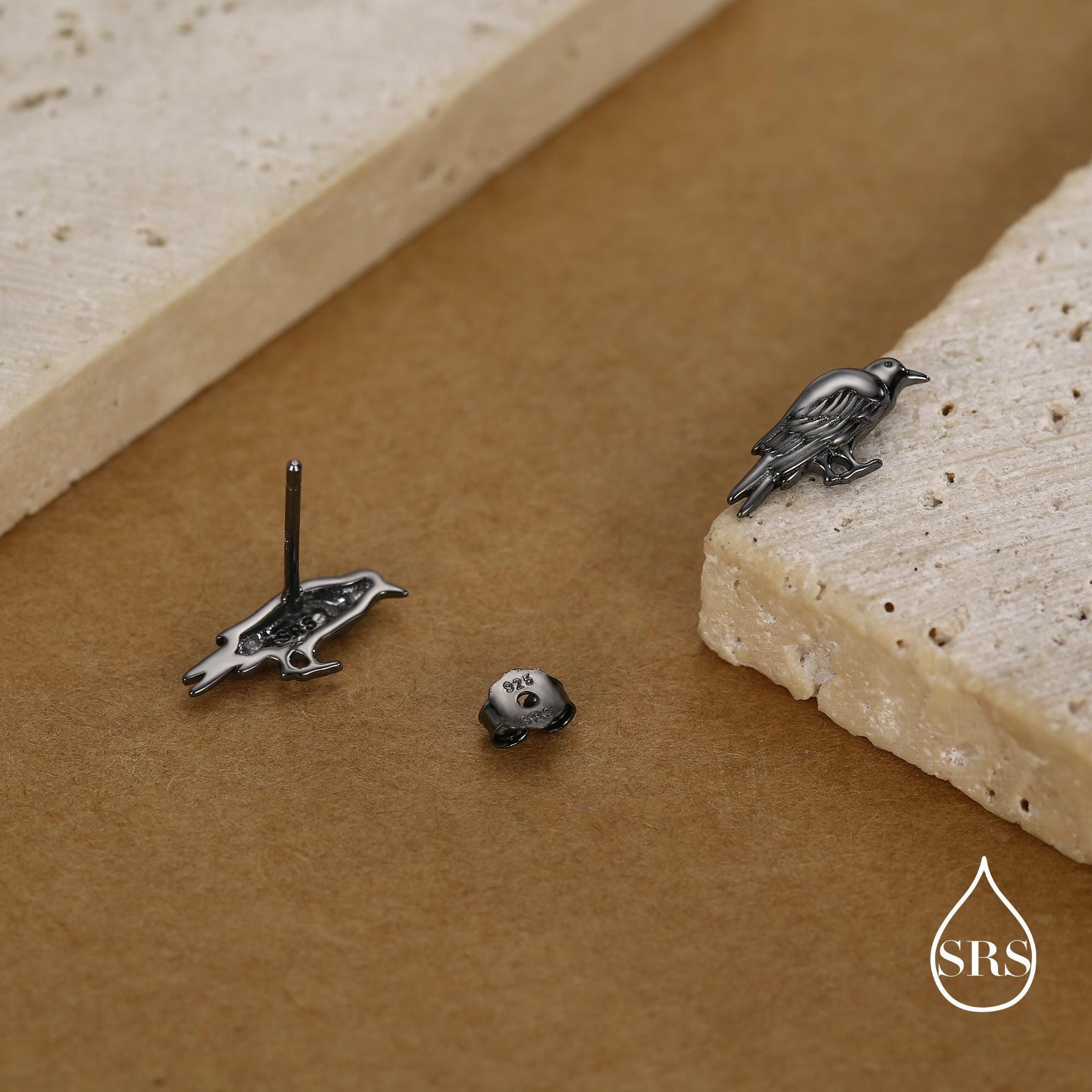 Crow Stud Earrings in Sterling Silver with Black Rhodium Coating, Bird Earrings