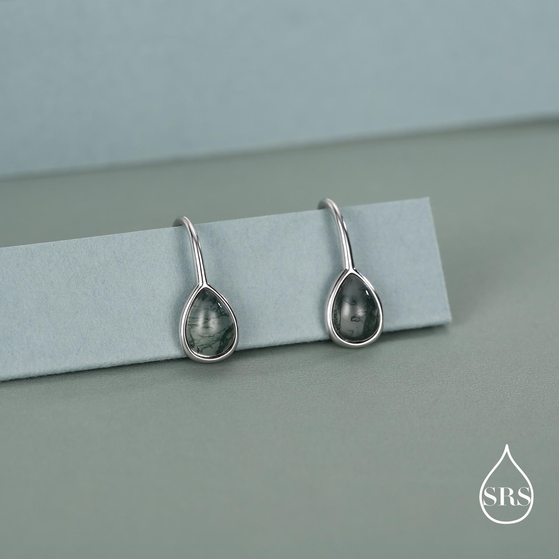 Sterling Silver Moss Agate Pear Drop Earrings