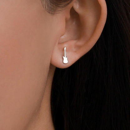 Mismatched Electric Guitar and Music Note Stud Earrings in Sterling Silver, Asymmetric Guitar and Music Fun Earrings
