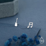 Mismatched Electric Guitar and Music Note Stud Earrings in Sterling Silver, Asymmetric Guitar and Music Fun Earrings