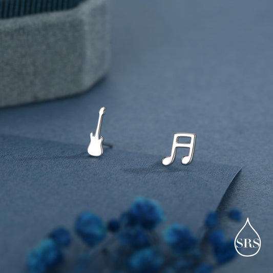 Mismatched Electric Guitar and Music Note Stud Earrings in Sterling Silver, Asymmetric Guitar and Music Fun Earrings