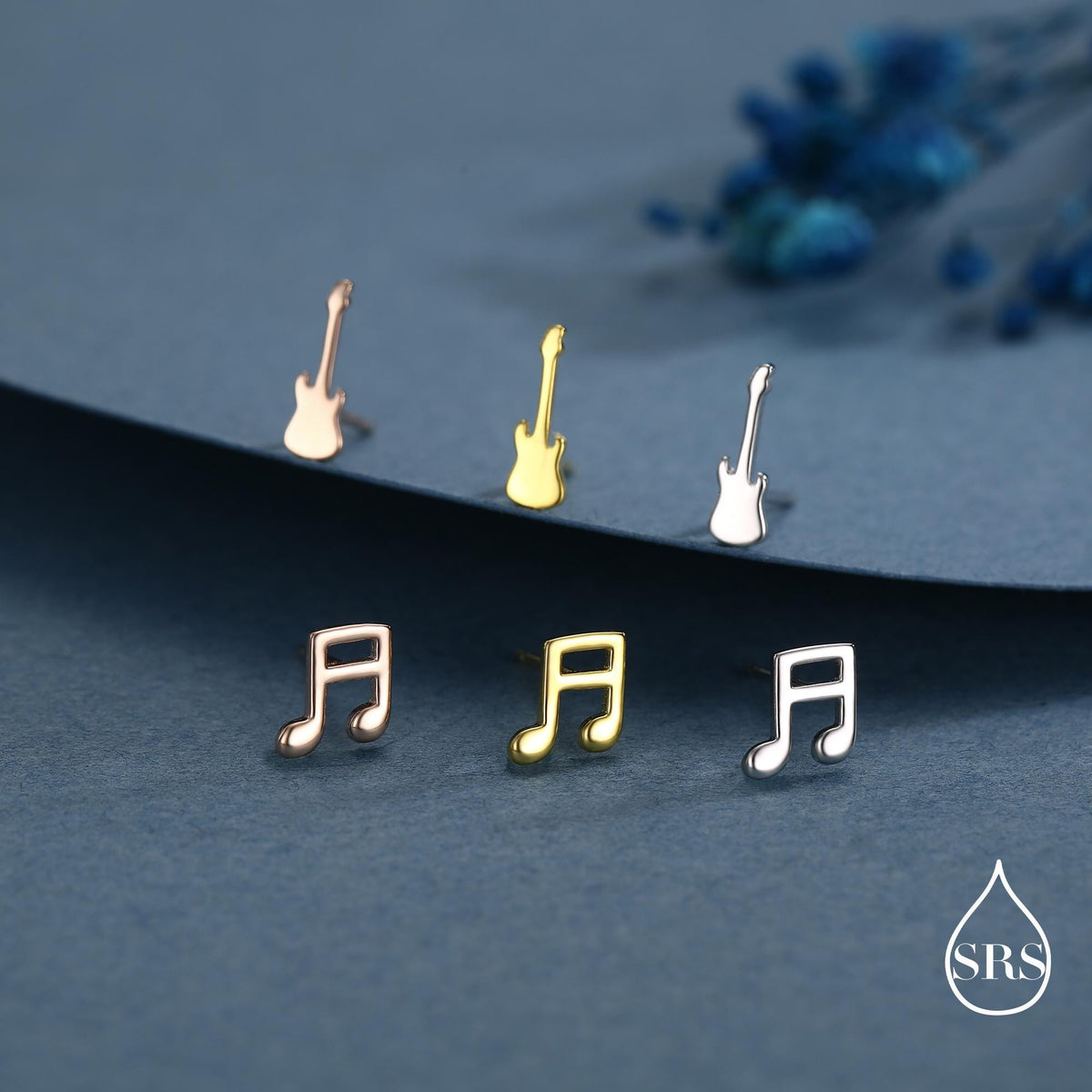 Mismatched Electric Guitar and Music Note Stud Earrings in Sterling Silver, Asymmetric Guitar and Music Fun Earrings