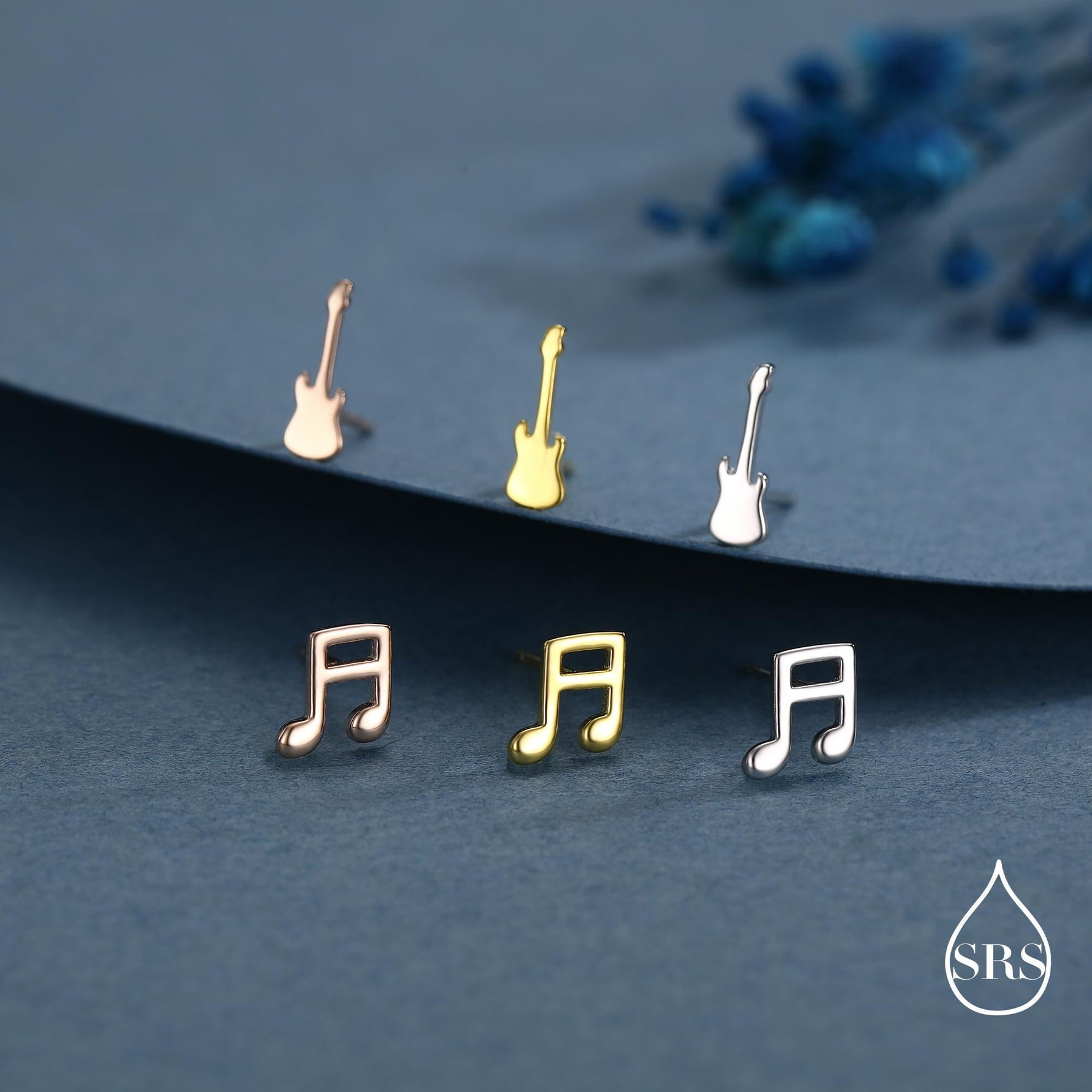 Mismatched Electric Guitar and Music Note Stud Earrings in Sterling Silver, Asymmetric Guitar and Music Fun Earrings