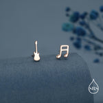 Mismatched Electric Guitar and Music Note Stud Earrings in Sterling Silver, Asymmetric Guitar and Music Fun Earrings