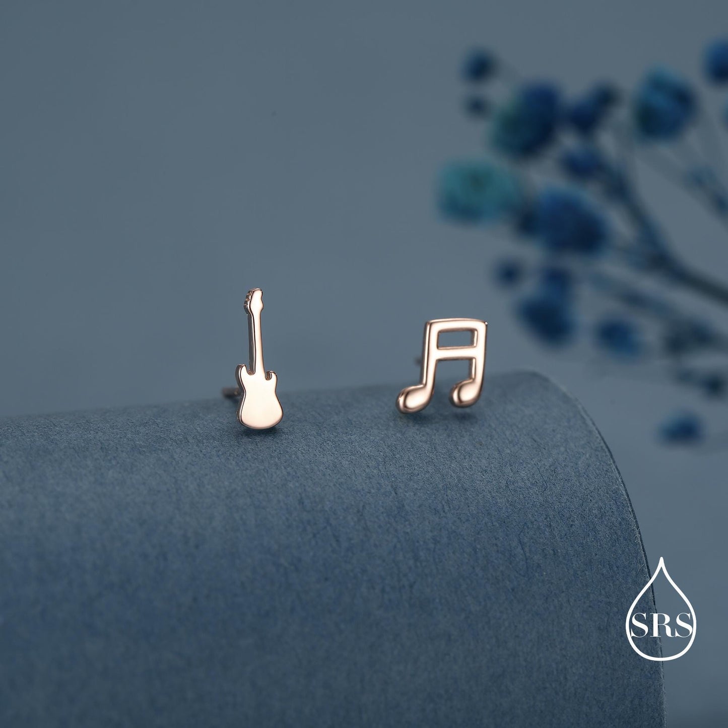 Mismatched Electric Guitar and Music Note Stud Earrings in Sterling Silver, Asymmetric Guitar and Music Fun Earrings