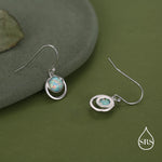 Aqua Green Opal and Circle Drop Hook Earrings in Sterling Silver, Delicate Fire Opal Geometric Earrings, Opal Coin Earrings