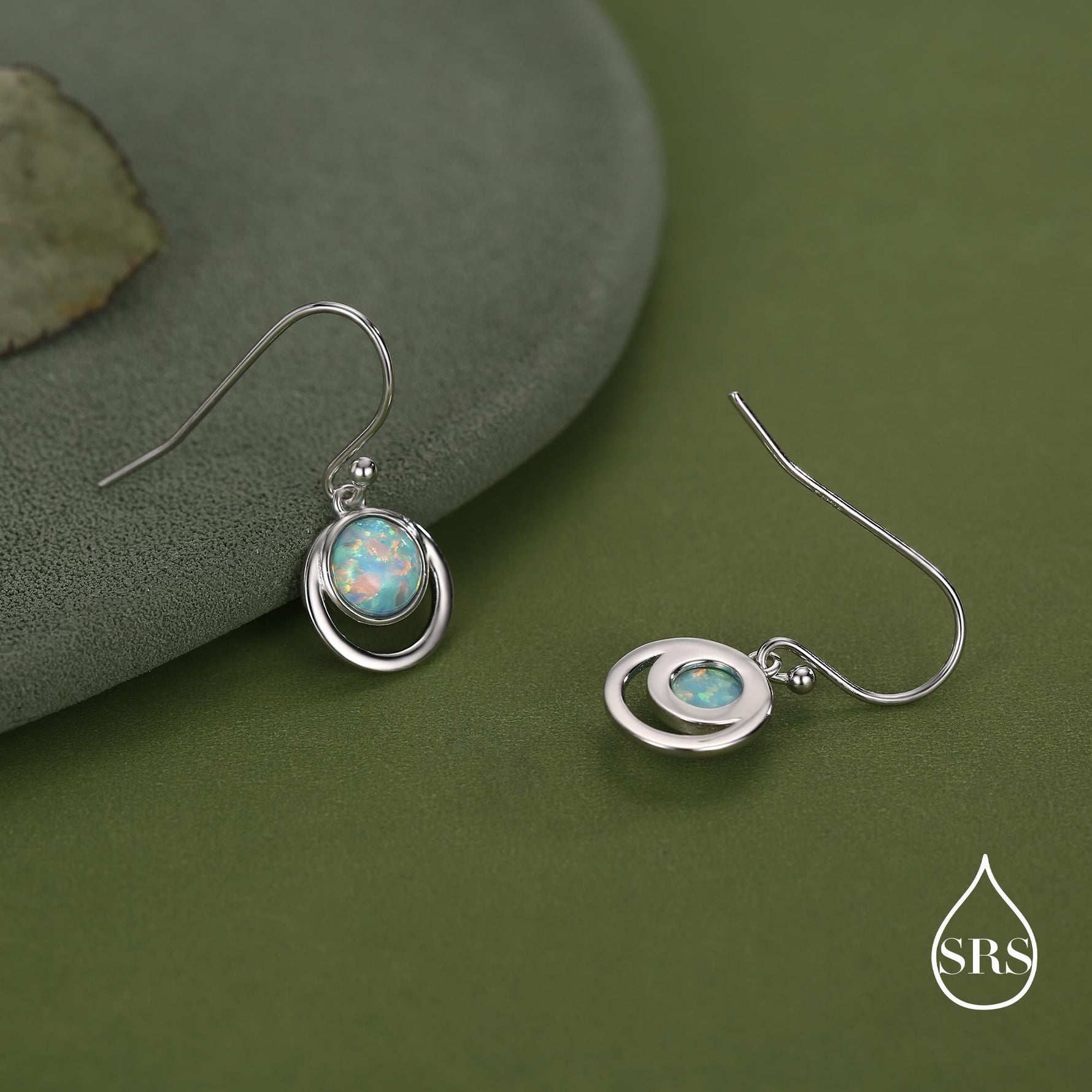 Aqua Green Opal and Circle Drop Hook Earrings in Sterling Silver, Delicate Fire Opal Geometric Earrings, Opal Coin Earrings