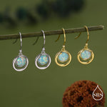 Aqua Green Opal and Circle Drop Hook Earrings in Sterling Silver, Delicate Fire Opal Geometric Earrings, Opal Coin Earrings
