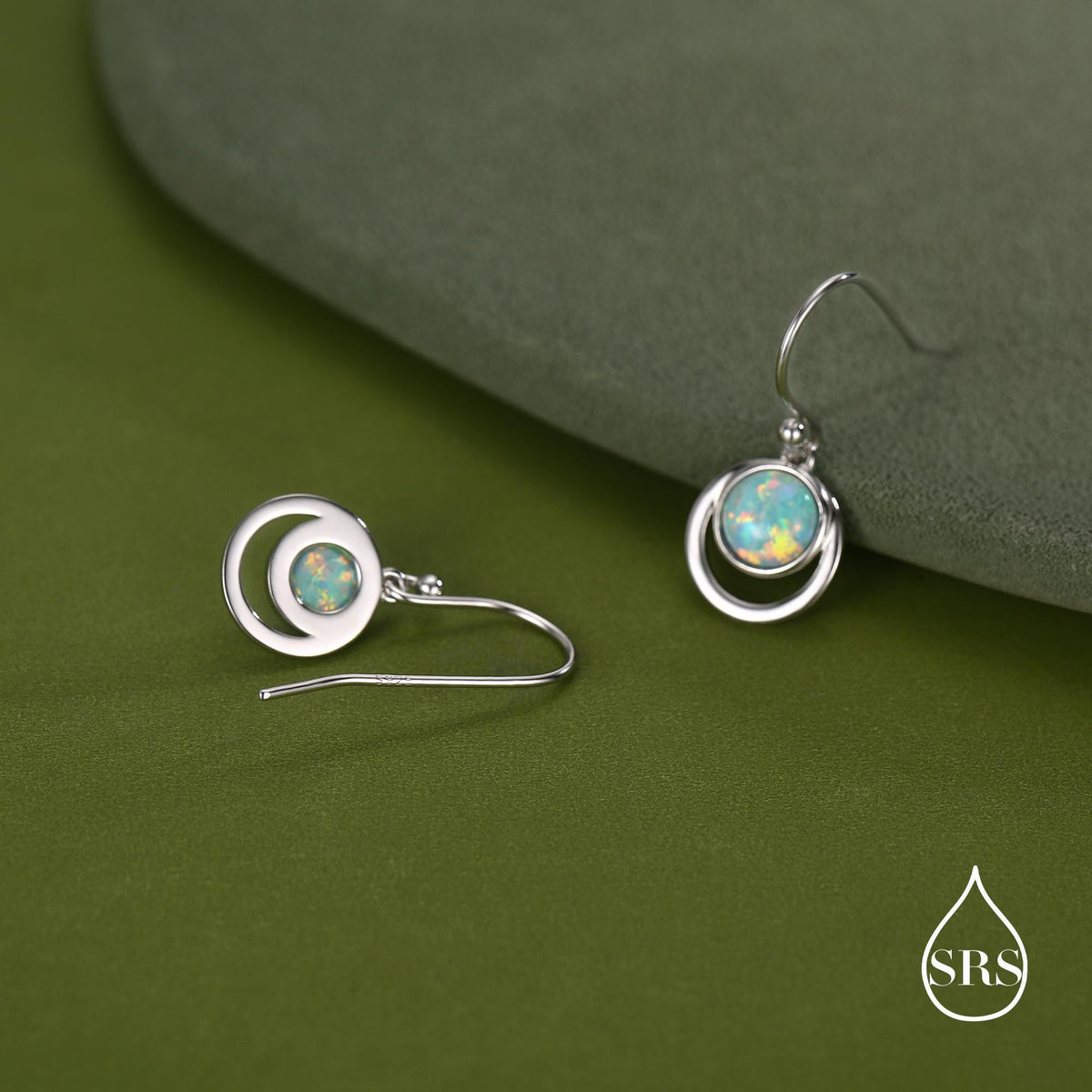 Aqua Green Opal and Circle Drop Hook Earrings in Sterling Silver, Delicate Fire Opal Geometric Earrings, Opal Coin Earrings