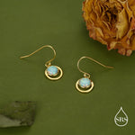 Aqua Green Opal and Circle Drop Hook Earrings in Sterling Silver, Delicate Fire Opal Geometric Earrings, Opal Coin Earrings