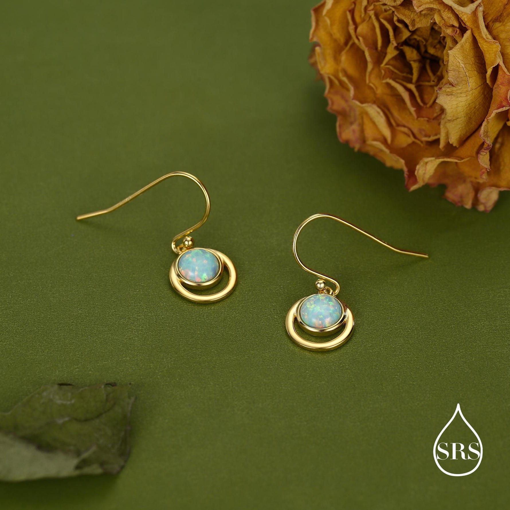Aqua Green Opal and Circle Drop Hook Earrings in Sterling Silver, Delicate Fire Opal Geometric Earrings, Opal Coin Earrings