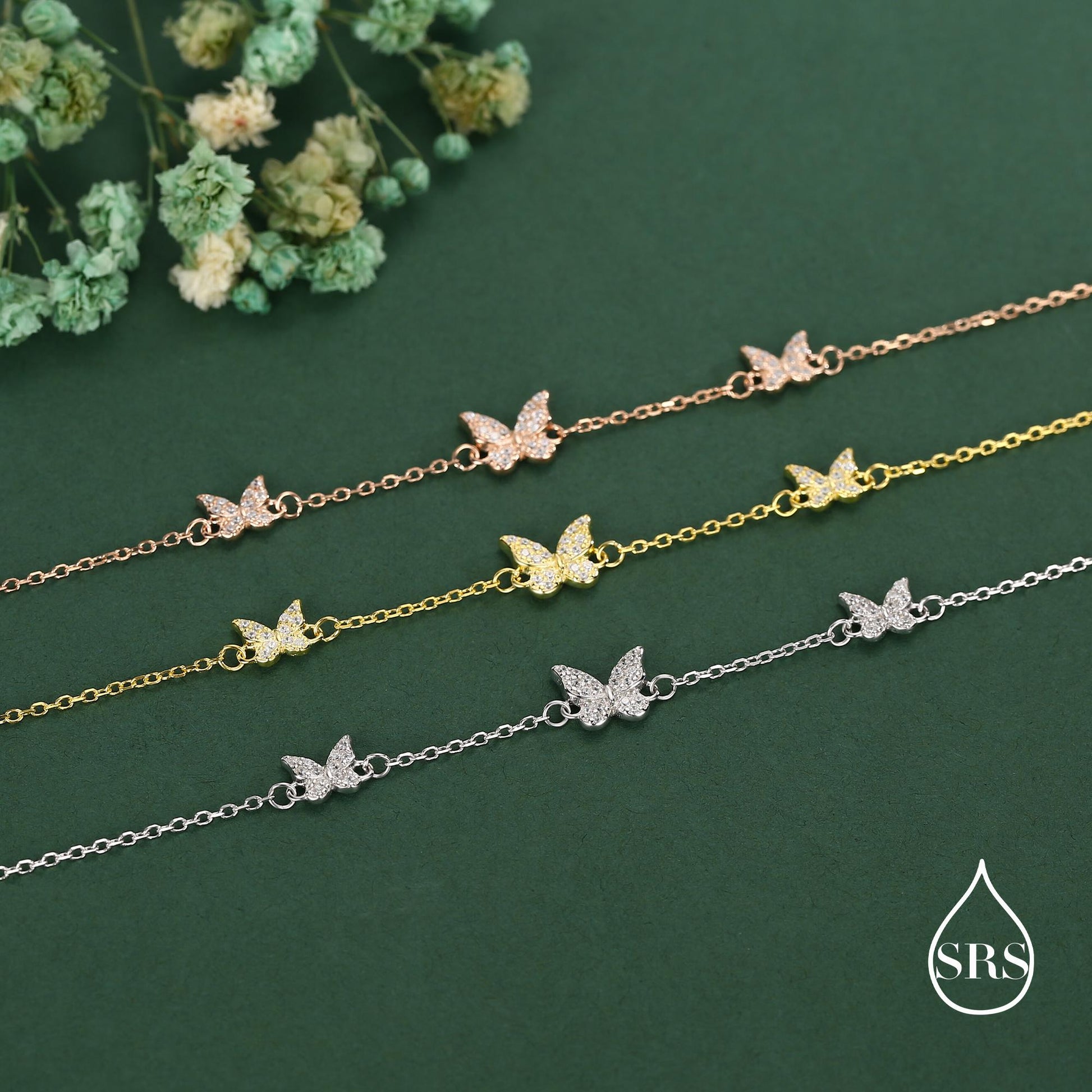 CZ Butterfly Floating Bracelet in Sterling Silver, Silver or Gold or Rose gold, Satellite Crystal Bracelet, Solid Silver Bracelet