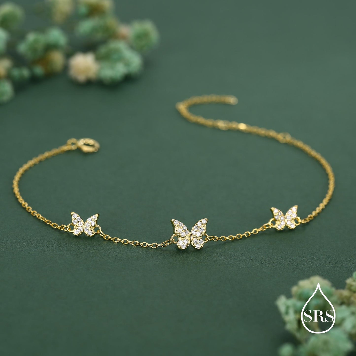 CZ Butterfly Floating Bracelet in Sterling Silver, Silver or Gold or Rose gold, Satellite Crystal Bracelet, Solid Silver Bracelet