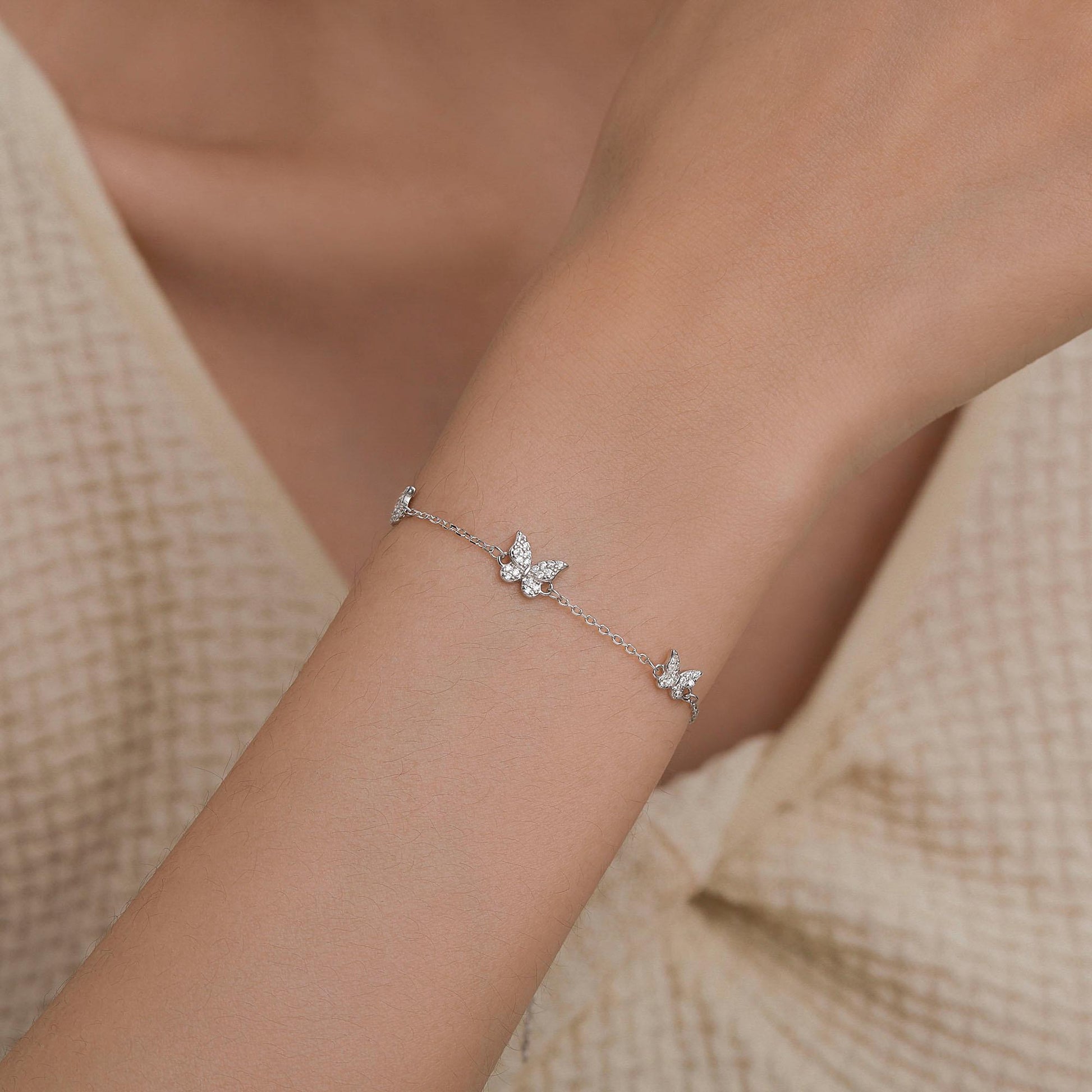 CZ Butterfly Floating Bracelet in Sterling Silver, Silver or Gold or Rose gold, Satellite Crystal Bracelet, Solid Silver Bracelet