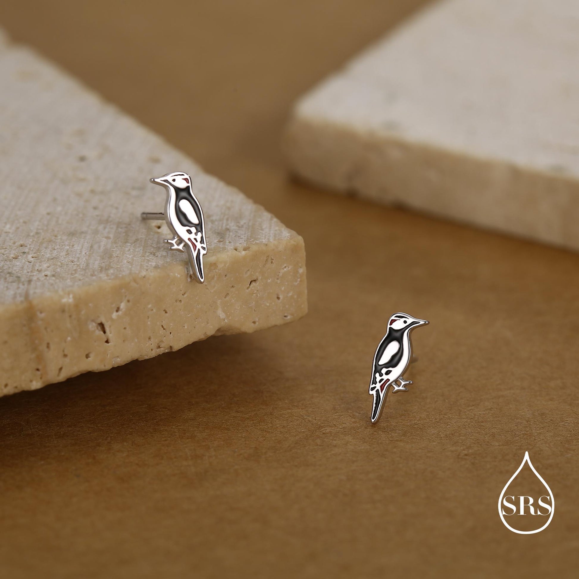 Sterling Silver Great Spotted Woodpecker Stud Earrings
