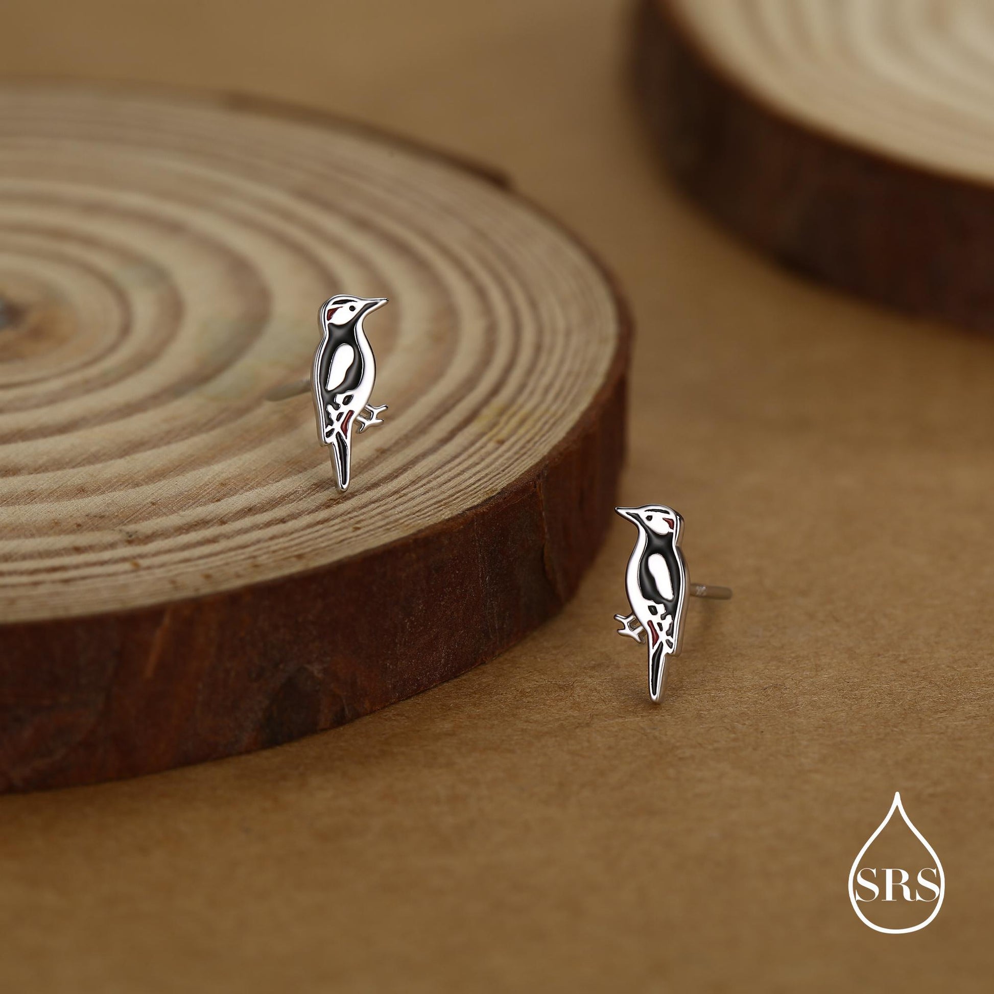 Sterling Silver Great Spotted Woodpecker Stud Earrings