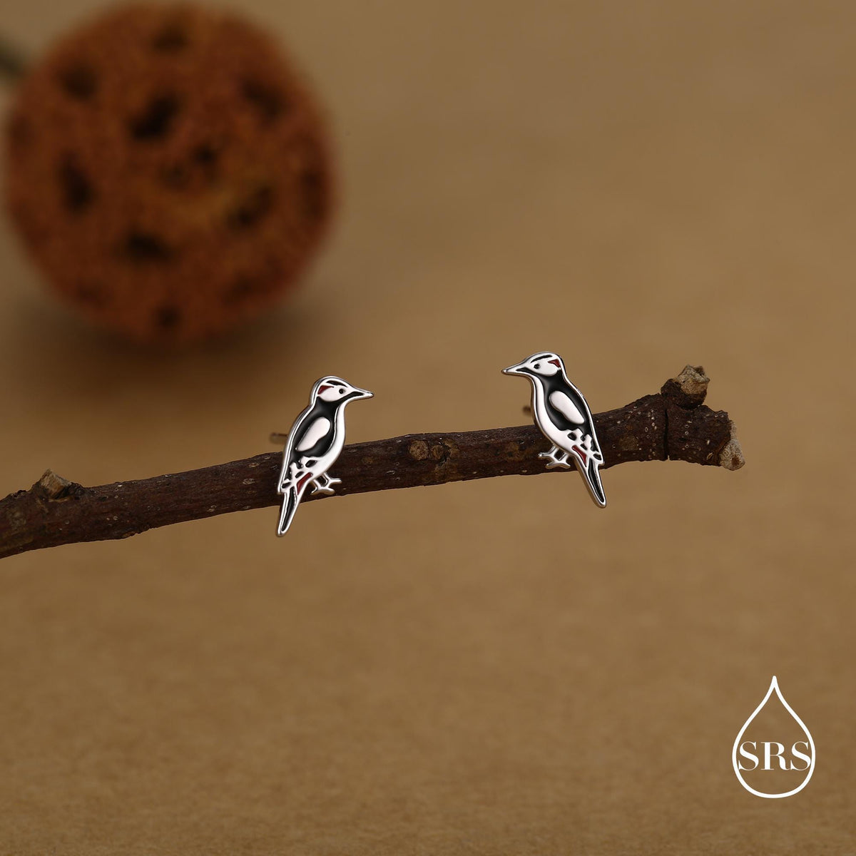 Sterling Silver Great Spotted Woodpecker Stud Earrings, Bird Earrrings