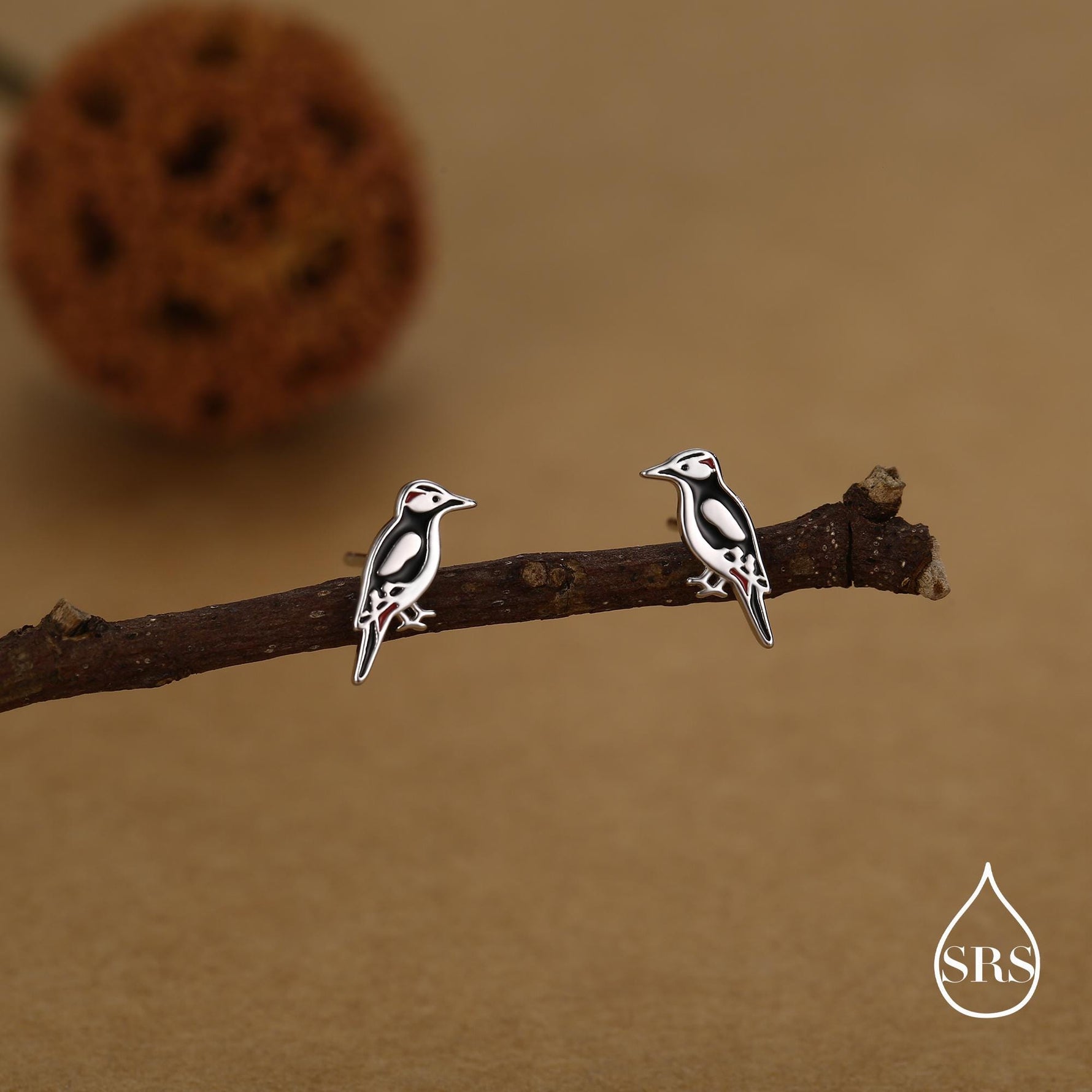 Sterling Silver Great Spotted Woodpecker Stud Earrings, Bird Earrrings