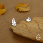 Mismatched Oak Leaf and Acorn Stud Earrings in Sterling Silver, in Silver or Gold, Nature Inspired Earrings, Asymmetric Leaf Earrings