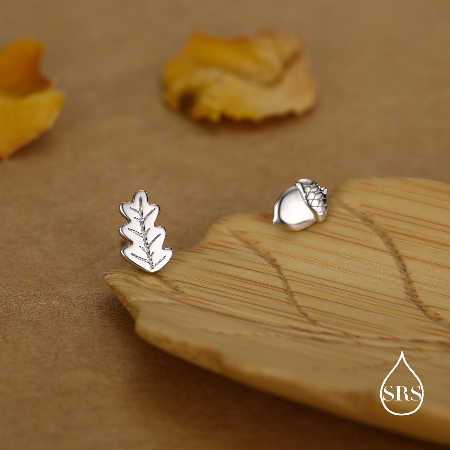 Mismatched Oak Leaf and Acorn Stud Earrings in Sterling Silver, in Silver or Gold, Nature Inspired Earrings, Asymmetric Leaf Earrings