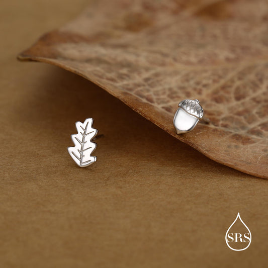 Mismatched Oak Leaf and Acorn Stud Earrings in Sterling Silver, in Silver or Gold, Nature Inspired Earrings, Asymmetric Leaf Earrings