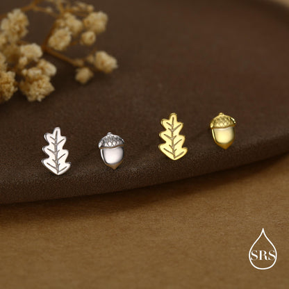 Mismatched Oak Leaf and Acorn Stud Earrings in Sterling Silver, in Silver or Gold, Nature Inspired Earrings, Asymmetric Leaf Earrings