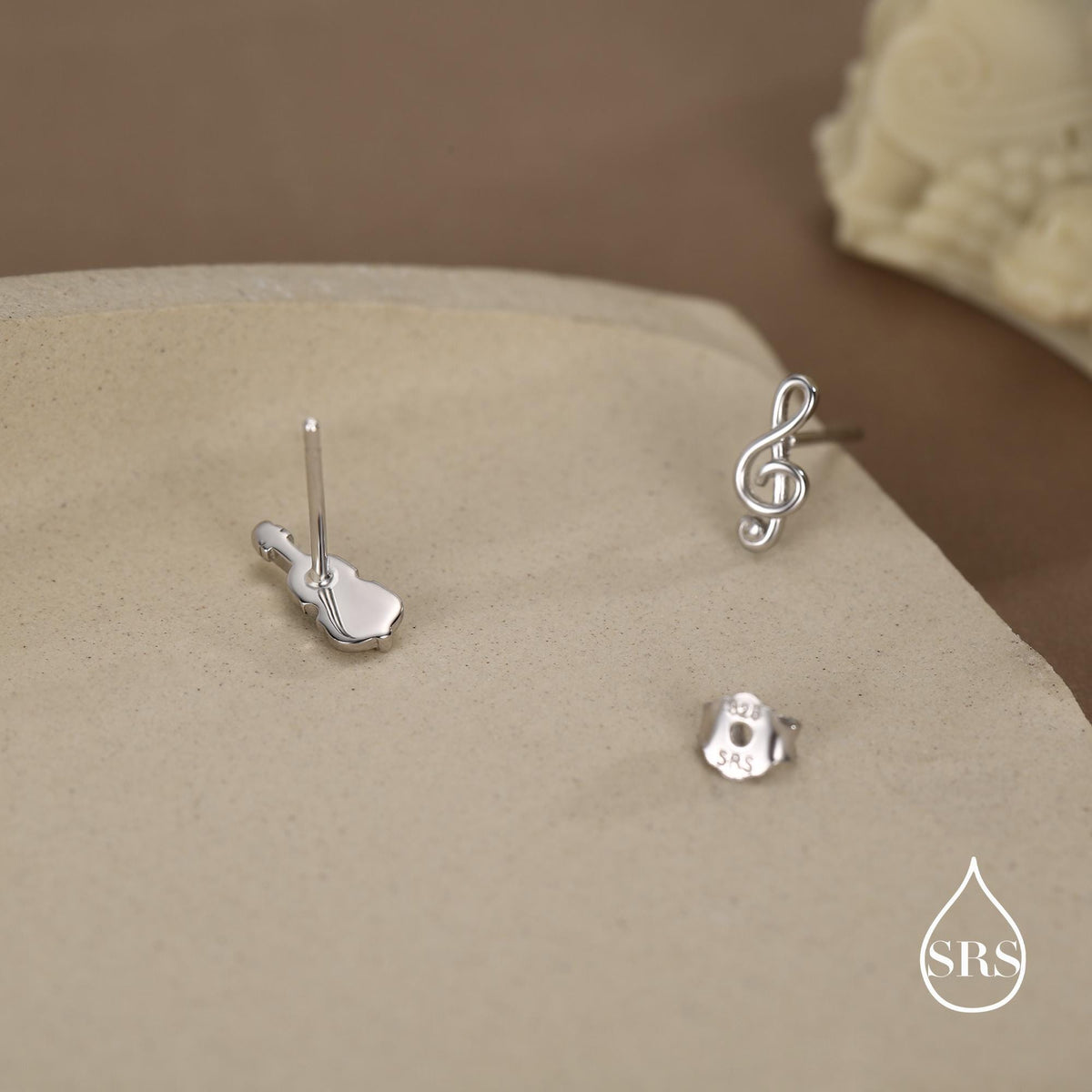 Mismatched Violin and Music Note Stud Earrings in Sterling Silver, Asymmetric Violin and Music Earrings