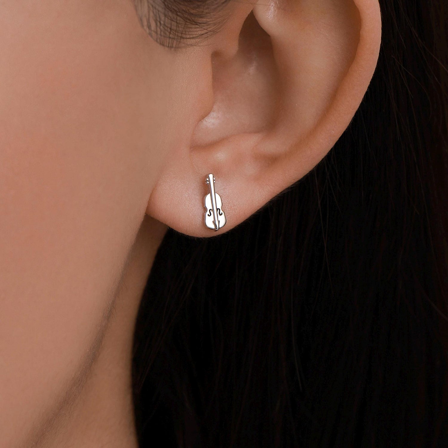 Mismatched Violin and Music Note Stud Earrings in Sterling Silver, Asymmetric Violin and Music Earrings