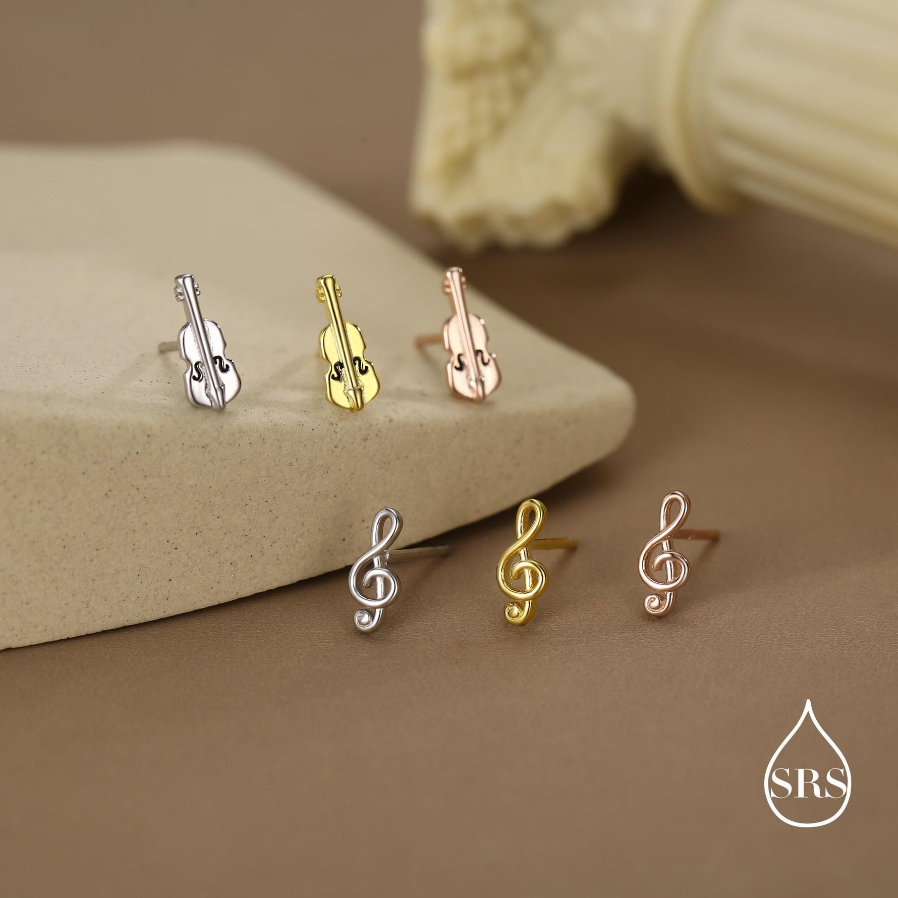 Mismatched Violin and Music Note Stud Earrings in Sterling Silver, Asymmetric Violin and Music Earrings