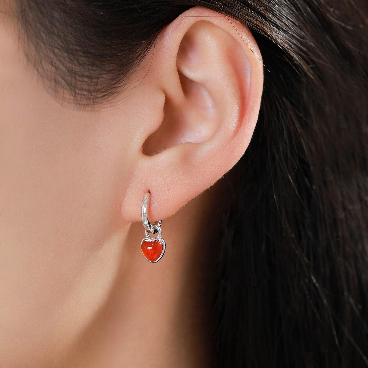 Natural Red Onyx Heart Dangle Huggie Hoop Earrings in Sterling Silver, Silver or Gold, Detachable Genuine Red Onyx Heart Charm Hoops