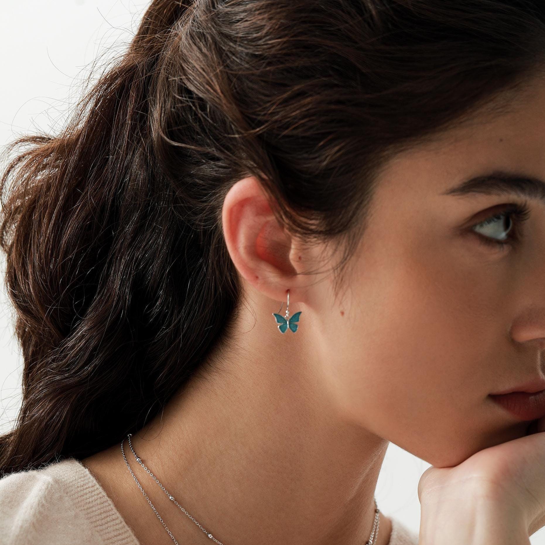 Blue Butterfly Enamel Drop Hook Earrings in Sterling Silver, Aqua Blue Enamel Butterfly Earrings, Insect Animal Earrings, Nature-Inspired